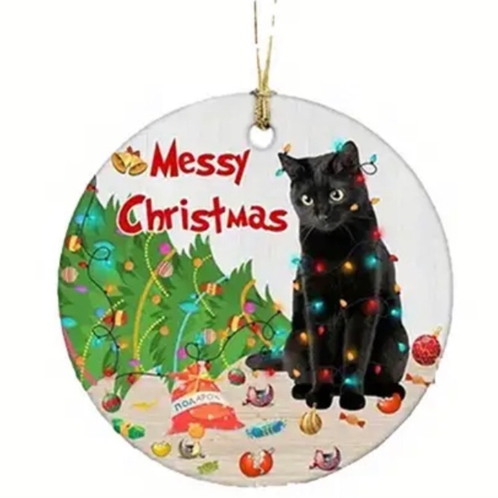 Black Cat “Messy Christmas” Acrylic 2D Round Hanging Pendant Ornament 🎄